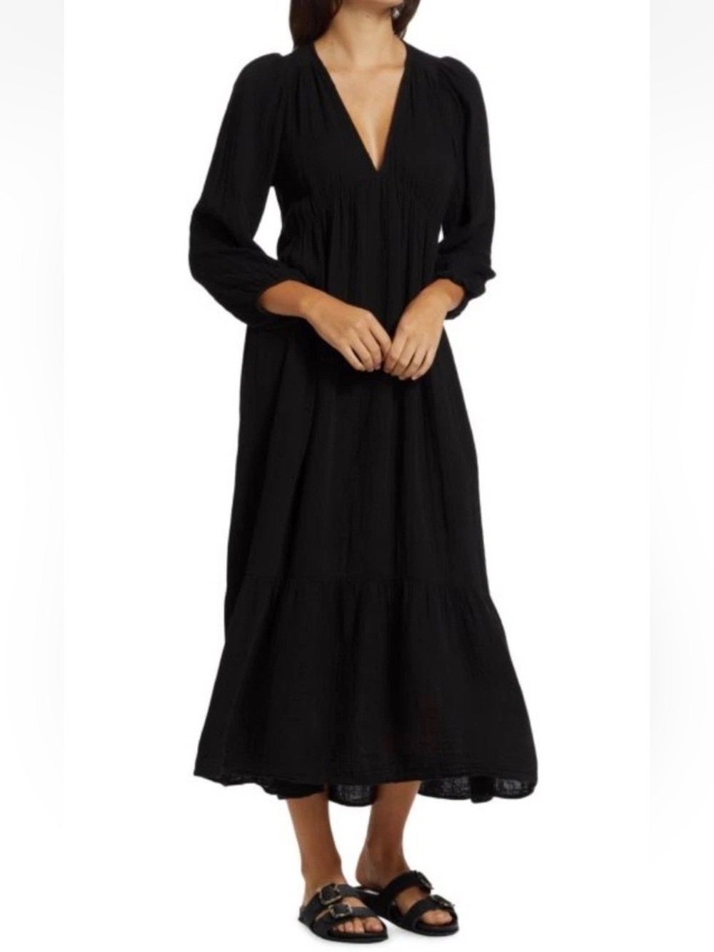 XiRENA Black V-Neck lightweight gauze Midi Dress